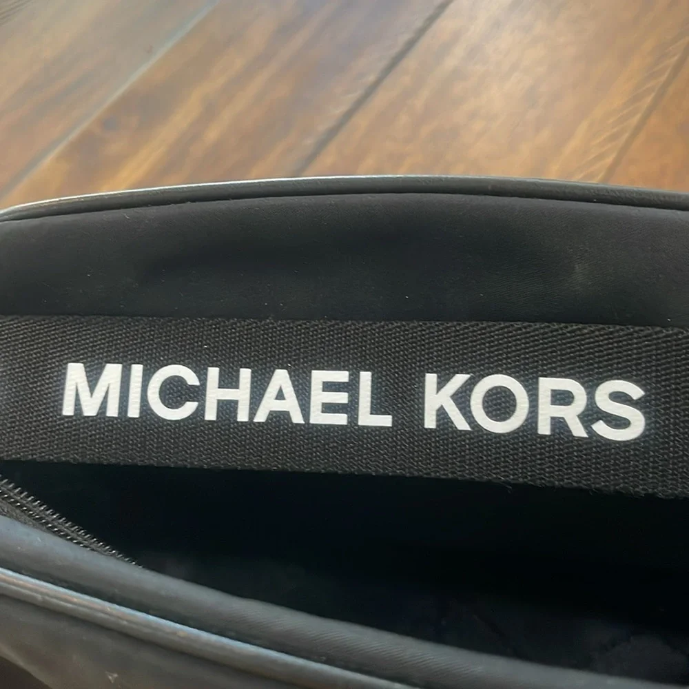 Michael Kors black white nylon camera crossbody bag webbing logo strap
